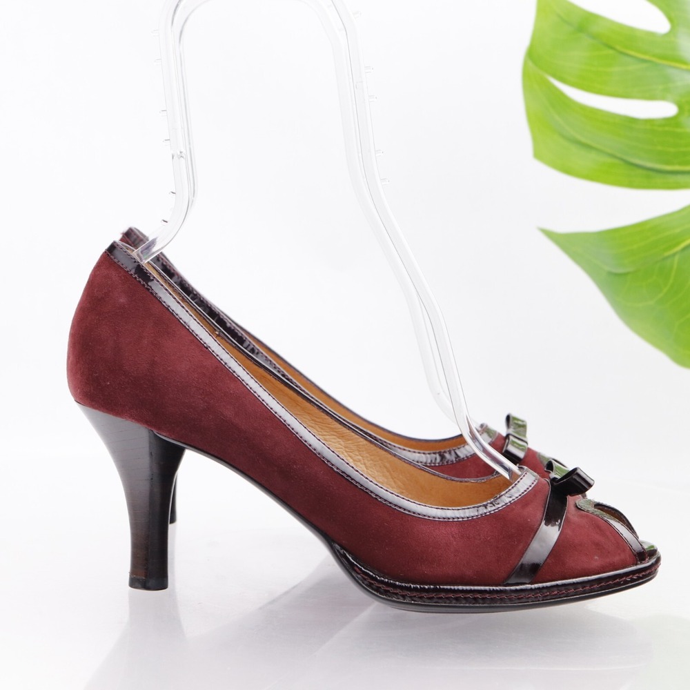 Sofft Shoes Womens Pumps Size 9 M Red Suede Bow Peep Toe Cone Heel Comfort Retro